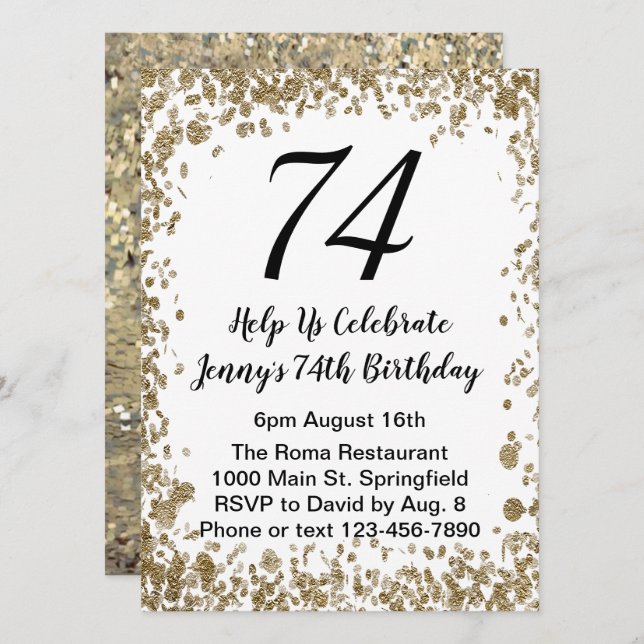 Elegante 74ª invitación de cumpleaños en negro y o (Anverso / Reverso)