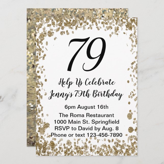 Elegante 79ª invitación de cumpleaños en negro y o (Anverso / Reverso)