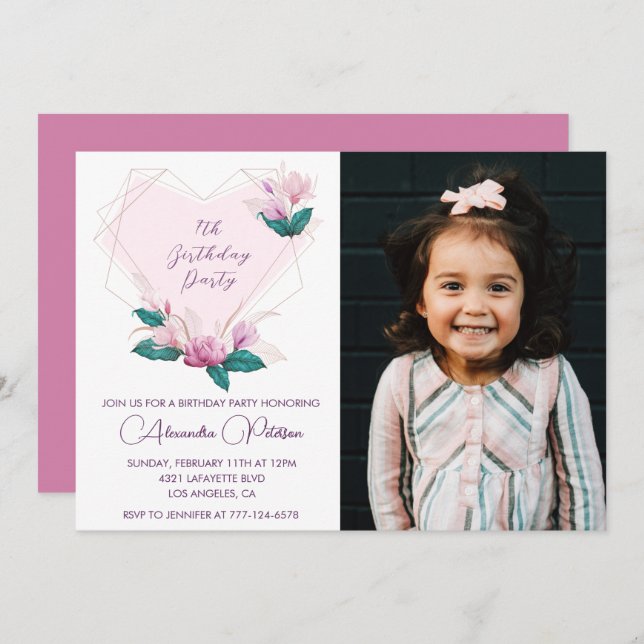 Elegante 7 invitaciones de cumpleaños Floral Photo (Anverso / Reverso)