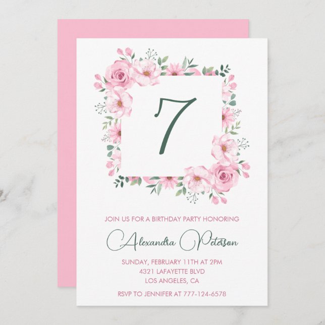 Elegante 7 invitaciones de cumpleaños Floral Pink (Anverso / Reverso)