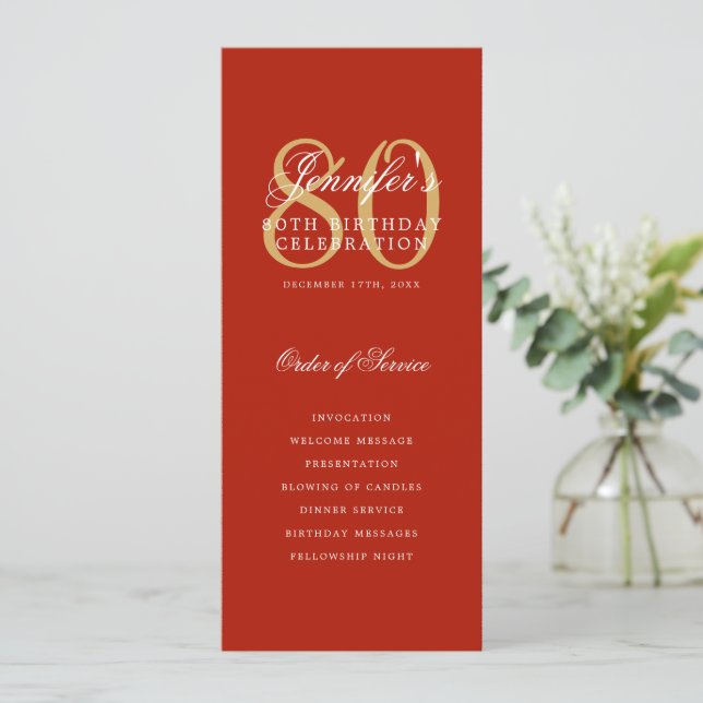 Elegante 80º Programa Menú Rojo Oro+Gracias (Anverso de pie)