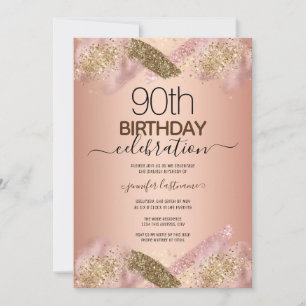 Elegante 90.ª invitación Rosa Purpurina de oro