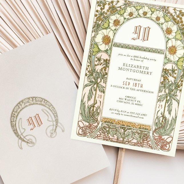 Elegante 90 cumpleaños invitación Art Nouveau Much (Subido por el creador)