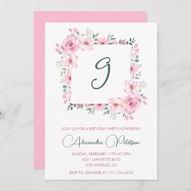 Elegante 9 años invitaciones Floral Pink (Anverso / Reverso)