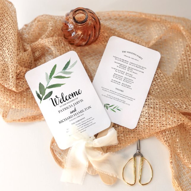Elegante abanico de programa de boda con vegetació (Subido por el creador)