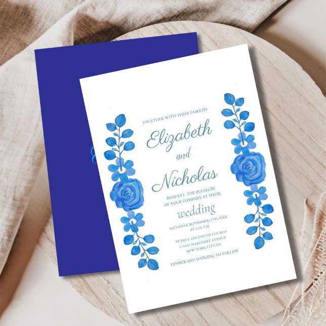 Elegante acuarela azul de boda floral Invitación (Subido por el creador)