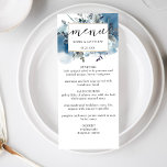 Elegante acuarela azul y menú floral y Boda<br><div class="desc">Relájese con esta elegante tarjeta de menú. Distingue el diseño con una única mancha de color azul flotante y floral en la parte superior. Flores y follaje en tonos azul polvoriento, azul marino, blanco, gris y sabio. Agregue su propia información de menú en la parte delantera y los nombres, o...</div>