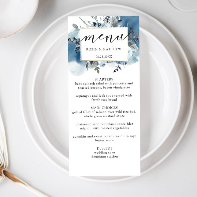 Elegante acuarela azul y menú floral y Boda (Subido por el creador)