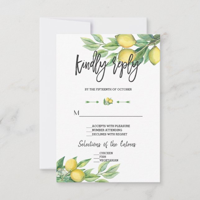 Elegante acuarela Boda limón escritura a mano RSVP (Anverso)