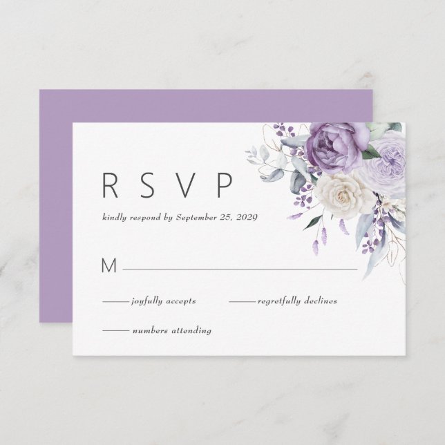 Elegante acuarela Boda Morada Floral RSVP (Anverso / Reverso)