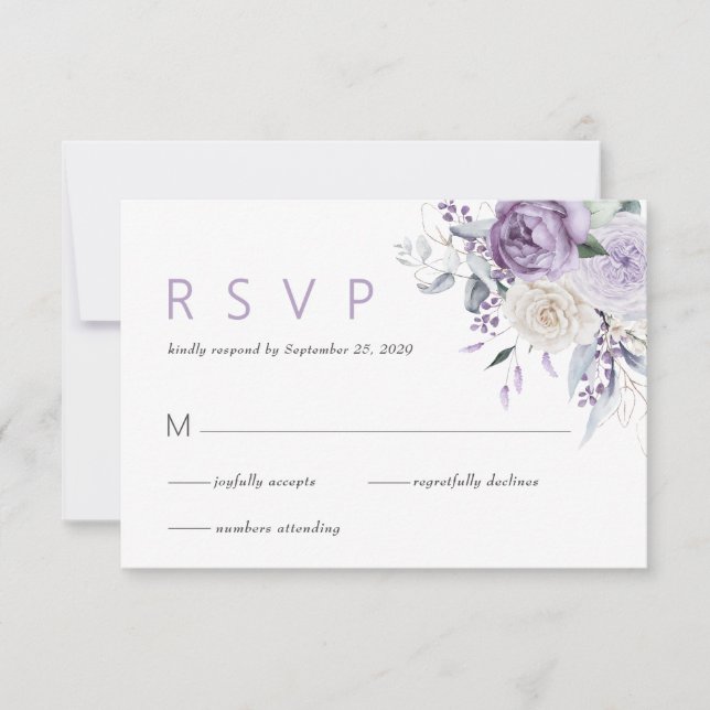 Elegante acuarela Boda Morada Floral RSVP (Anverso)