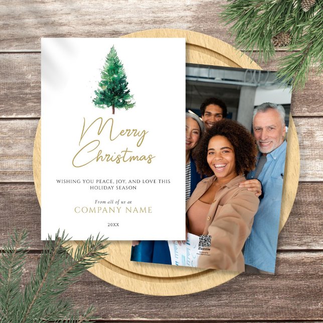 Elegante acuarela de árbol de navidad foto corpora (Elegant Watercolor Christmas Tree Photo Corporate Holiday Card)