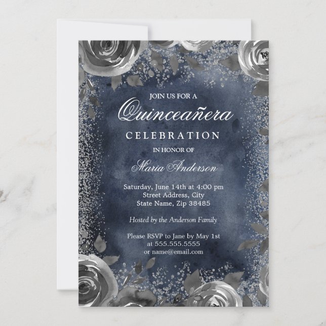 Elegante acuarela de la Marina plateada Invitación (Anverso)
