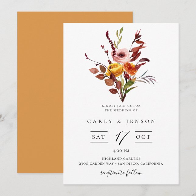 Elegante acuarela de otoño con Bouquet Invitación  (Anverso / Reverso)