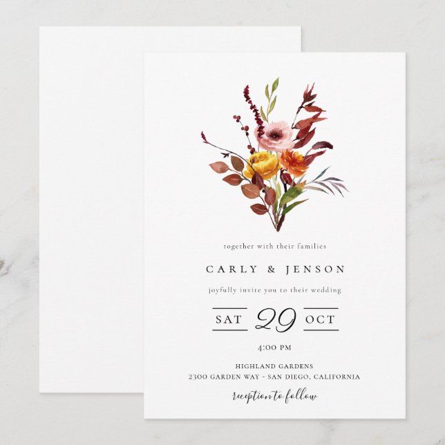 Elegante acuarela de otoño con Bouquet Invitación  (Anverso / Reverso)