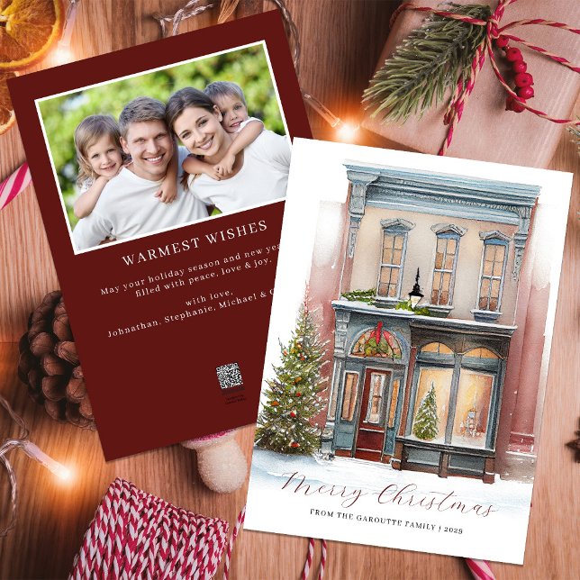 Elegante acuarela festiva Foto Feliz Navidad (Merry Christmas Winter Watercolor Photo Burgundy Holiday Card)