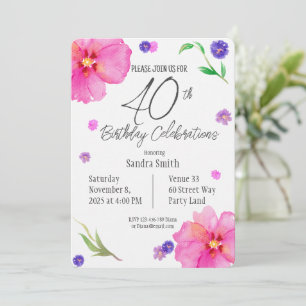 Elegante acuarela Floral 40 cumpleaños invitación