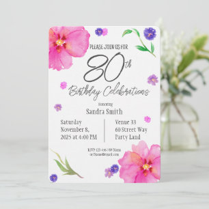 Elegante acuarela Floral 80 cumpleaños invitación