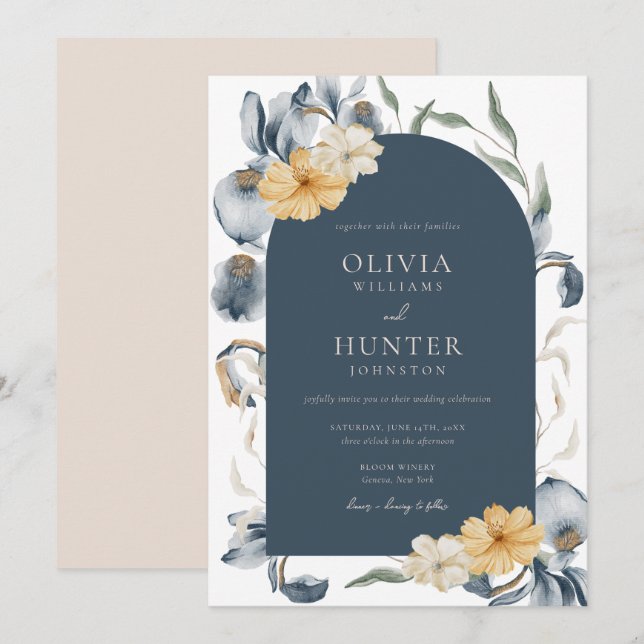 Elegante acuarela Floral Boda Azul Invitación (Anverso / Reverso)