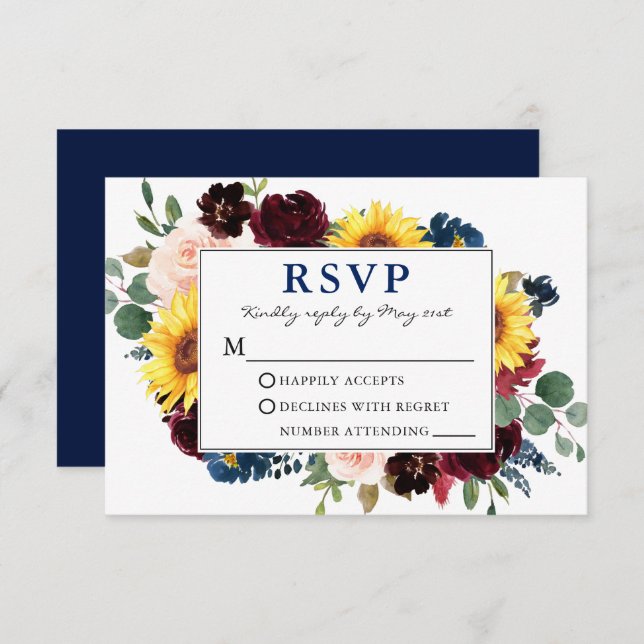Elegante acuarela Floral Boda azul RSVP (Anverso / Reverso)