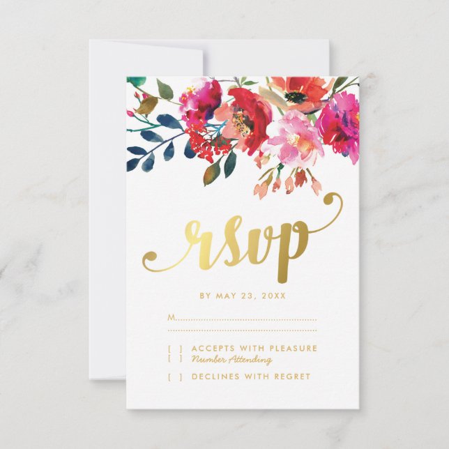 Elegante acuarela floral Boda blanca de oro RSVP (Anverso)