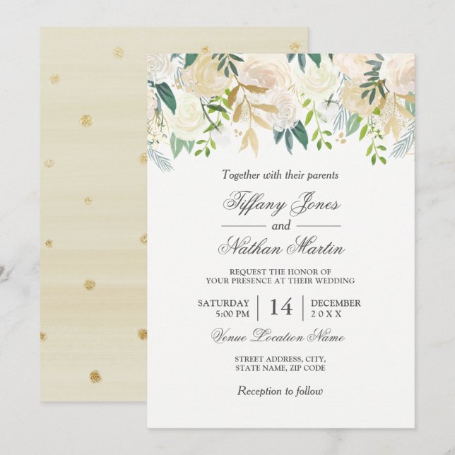 Elegante acuarela Floral Boda de oro Invitación (Anverso / Reverso)