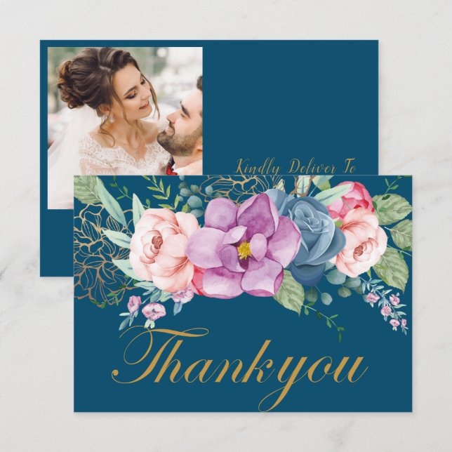 Elegante acuarela Floral Boda Gracias Tarjeta (Anverso / Reverso)