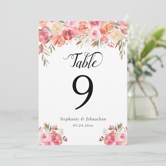 Elegante acuarela floral Boda número de tabla (Anverso de pie)