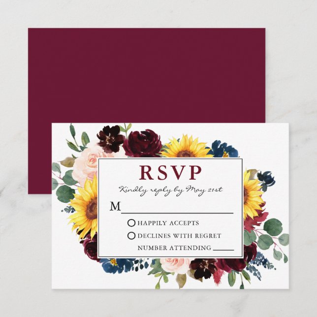 Elegante acuarela Floral Borgoña Boda RSVP (Anverso / Reverso)