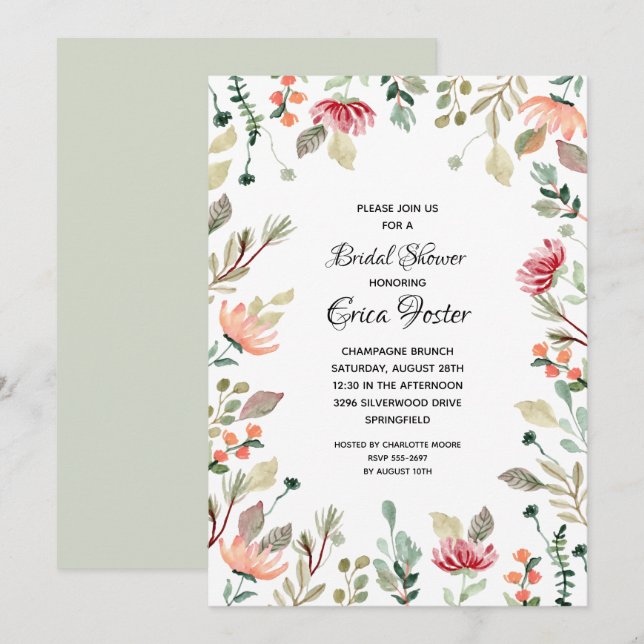 Elegante acuarela Floral Bridal Shower Invitación (Anverso / Reverso)