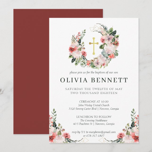 Elegante acuarela Floral Chica Bautismo Invitación (Anverso / Reverso)