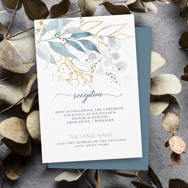Elegante acuarela floral Dusty recepción dorada az (Elegant dusty blue greenery with gold accent makes the perfect reception card for your boho wedding)