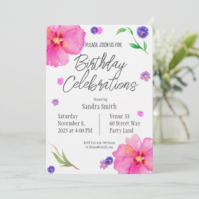 Elegante acuarela Floral Invitación al cumpleaños (Anverso de pie)