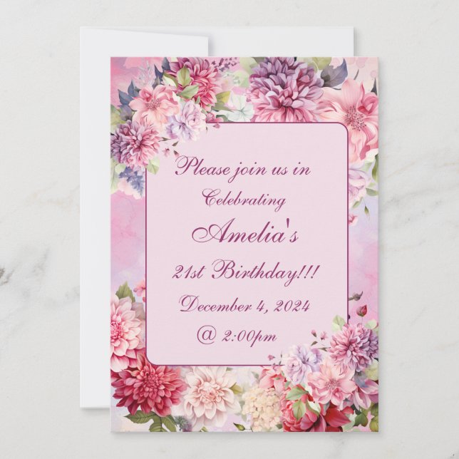 Elegante acuarela Floral Invitación al cumpleaños (Anverso)