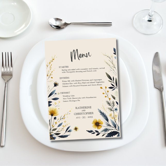 Elegante acuarela Flores salvajes Menú Boda beige (Elegant Wildflowers Wedding Reception Menu with Blue and Yellow Wildflowers.)