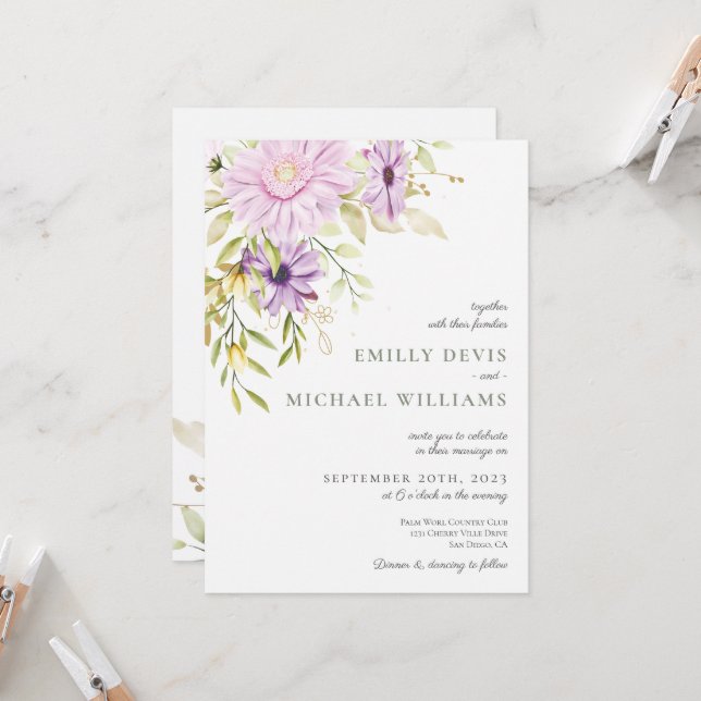 Elegante acuarela Invitación a la boda floral (Anverso/Reverso In Situ)
