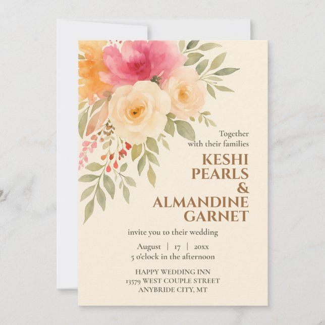 Elegante acuarela Invitación a la boda floral (Anverso)