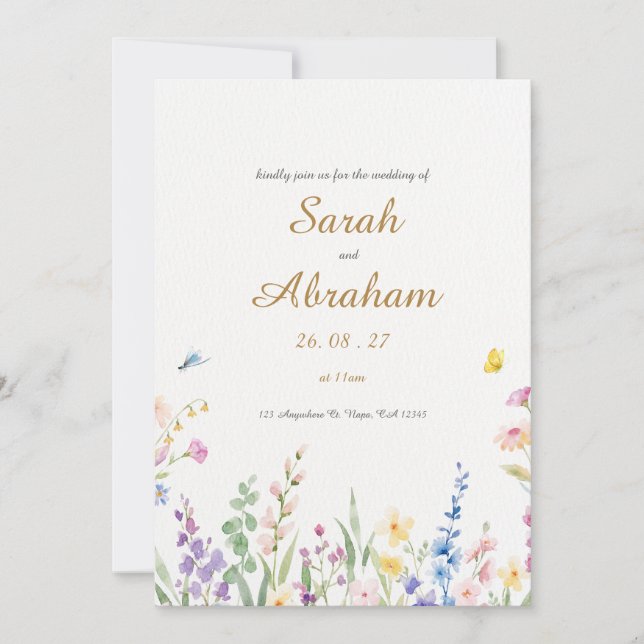 Elegante acuarela Invitación a la boda floral (Anverso)