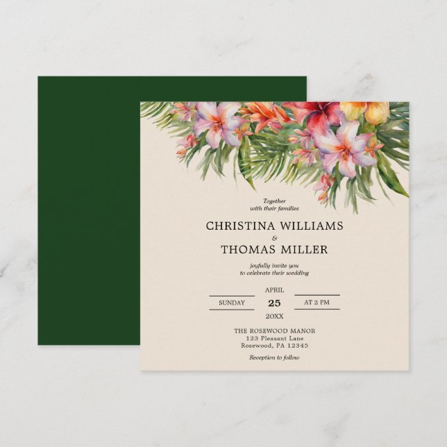 Elegante acuarela Invitación a la boda tropical (Anverso / Reverso)
