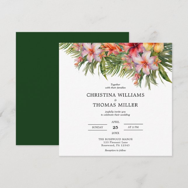 Elegante acuarela Invitación a la boda tropical (Anverso / Reverso)