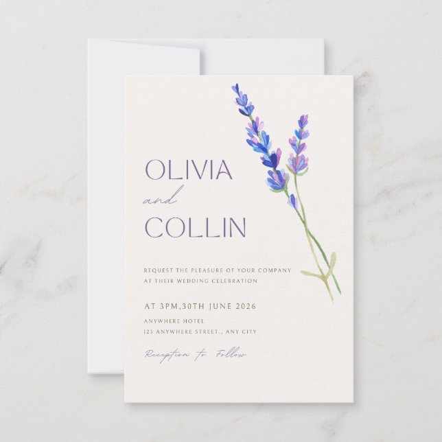 Elegante acuarela Lavanda Invitación a la Boda (Anverso)