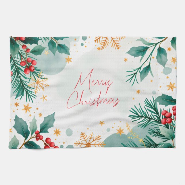 Elegante acuarela Merry Christmas Kitchel Toalla (Horizontal)