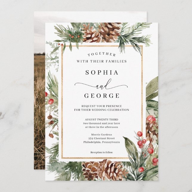 Elegante acuarela Navidades Invitación a la boda (Anverso / Reverso)