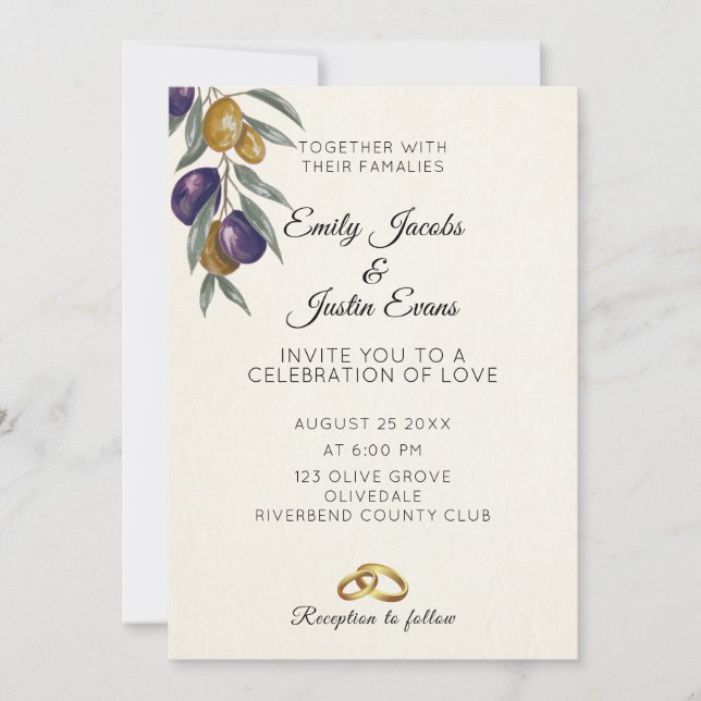 Elegante acuarela Olive Boda Invitación a la foto (Anverso)