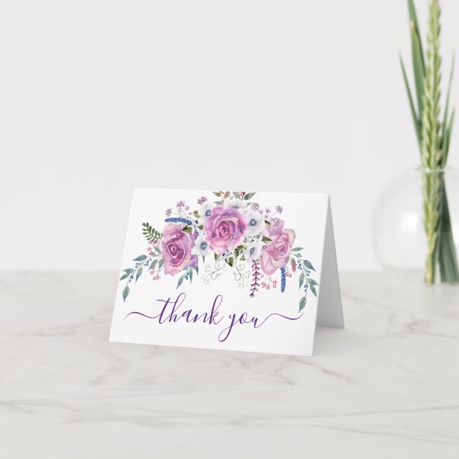 Elegante acuarela Purple Floral Tarjeta de agradec (Anverso)