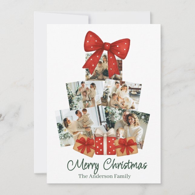 Elegante acuarela Red Bow Family Árbol de Navidad (Anverso)