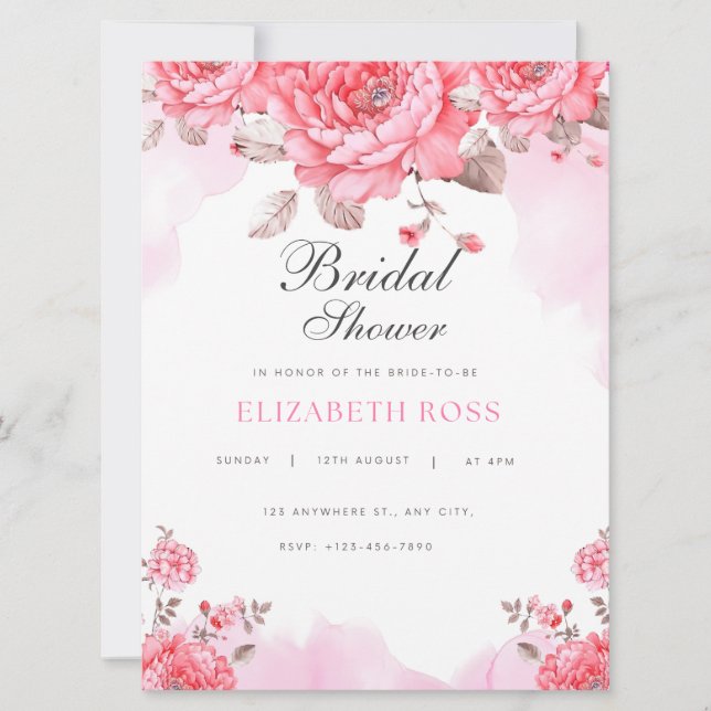Elegante acuarela rosa Bridal Shower Invitación (Anverso)