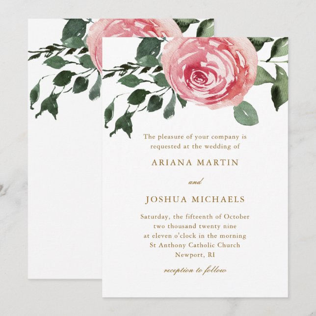 Elegante acuarela Rosas Invitación a la boda (Anverso / Reverso)