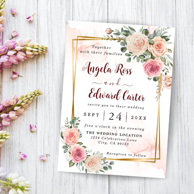 Elegante acuarela Roses rosados Invitación a la bo (Subido por el creador)