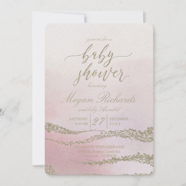Elegante acuarela Rubor Baby Shower Invitación (Anverso)